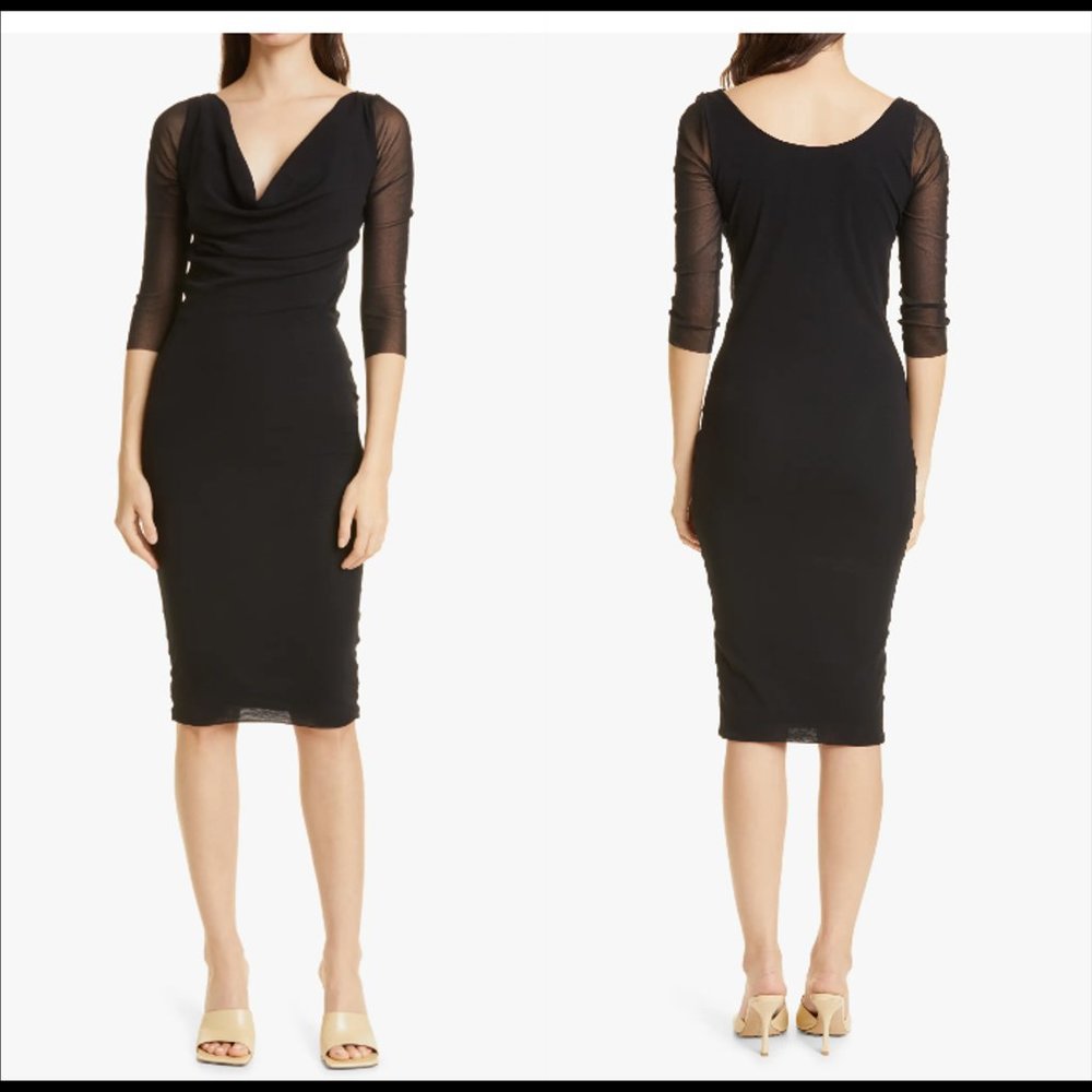 New vintage Fuzzi Italian 90’s Y2K cowl neck double mesh ruched midi dress